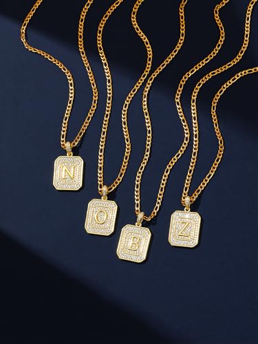 Initial Letter Pendant Necklace for Men Women, 14K/18K Gold A-Z | Square Monogram Pendant Jewelry Waterproof and colorfast with Figaro Chain, Gifts for Women Men - style: 18K Gold D