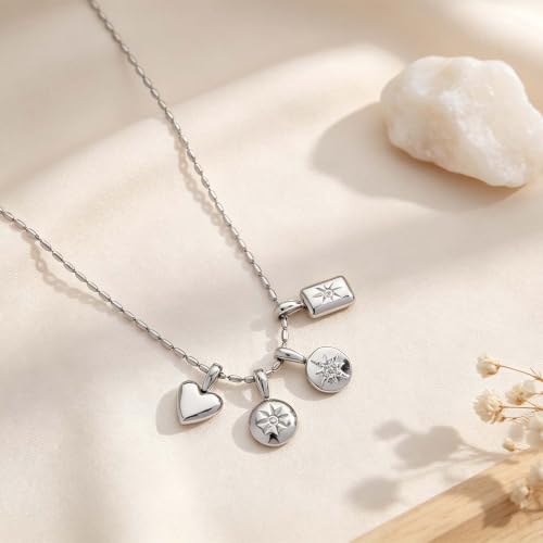 Interchangeable Removable CZ Charms Necklace, Gold Silver Stainless Steel Adjustable Box and Rice Bead Chain Minimalist Custom DIY Pendant Jewelry Gifts - color: Silver-B