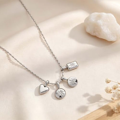 Interchangeable Removable CZ Charms Necklace, Gold Silver Stainless Steel Adjustable Box and Rice Bead Chain Minimalist Custom DIY Pendant Jewelry Gifts - color: Silver-B