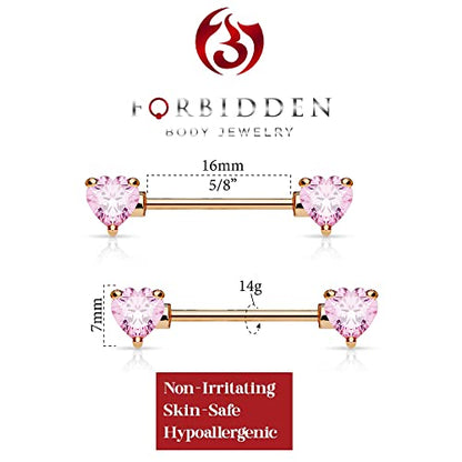Forbidden Body Jewelry Pair of Surgical Steel 1/2-5/8 Inch (12-16mm) Cubic Zirconia Crystal Double Heart Nipple Barbells - style: Pink (Rose Gold Tone)