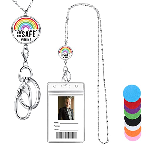 Lanyards for ID Badges, Lanyard with ID Holder, You're Safe with Me | Stainless Steel Key Chain Keychain, Cute Rainbow Badge Lanyards for Women, Nurse Accessories Teacher Appreciation Gift - color: Rainbow-you Are Safe With Me Black