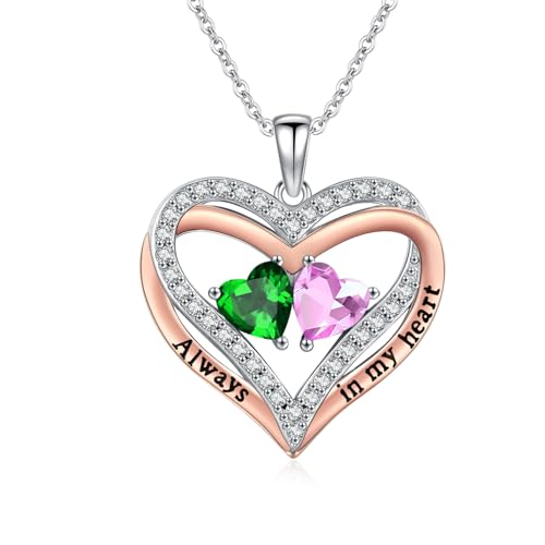 Heart Birthstone Necklace for Women 14K Rose Gold/White Gold Filled Overlapping Double Hearts Pendant Anniversary Valentine's Day Birthday Mother's Day Christmas Gifts for Wife Mom Daughter Her - color: 05-10-May-Oct Birthstone-A, style: Double-Layered Lo
