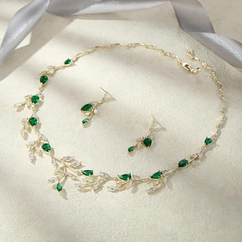 Cubic Zirconia Leaf Vine Wedding Jewelry Set for Bride Women Bridesmaid | Pear-Shaped Birthstone, Necklace Dangle Earrings for Bridesmaid, Silver-Plated-Brass - color: 2pcs_Green Gold-Plated-Brass