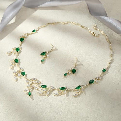 Cubic Zirconia Leaf Vine Wedding Jewelry Set for Bride Women Bridesmaid | Pear-Shaped Birthstone, Necklace Dangle Earrings for Bridesmaid, Silver-Plated-Brass - color: 2pcs_Green Gold-Plated-Brass