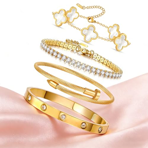 Gold Bracelets for Women, 18K Gold Plated Women Tennis Bracelets Clover Nail Love Bangle Bracelet Set, Gold Bracelet Stackable Set Trendy Jewelry, Gifts for Women's Day and Mother's Day - color: 09-Color- 4 White