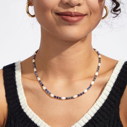 KissYan Beaded Choker Necklace for Women, Colorful Natural Gemstones Pearl Choker 14K Gold Plated Pendant Healing Crystal Necklace Handmade Stone Jewelry Gift | 14K Gold Plated Pendant Necklaces, Natural Gemstones Pearl Choker, Healing Crystal Chain, Hand