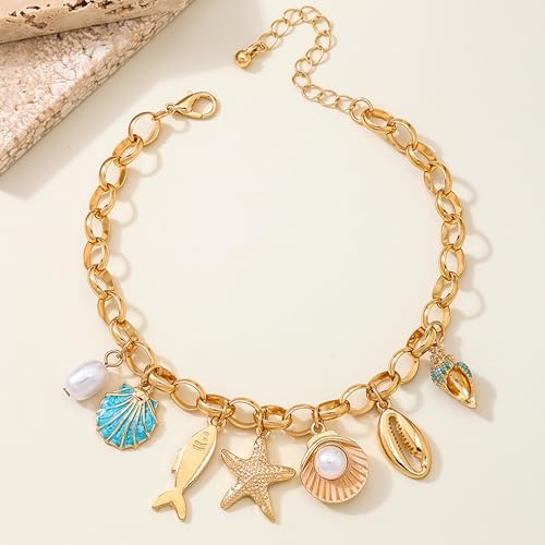 Gold Ocean Beach Charm Anklet for Women Boho Starfish Seashell Pearl Fish Pendant Adjustable Ankle Bracelet Summer Beach Vacation Jewelry Gift
