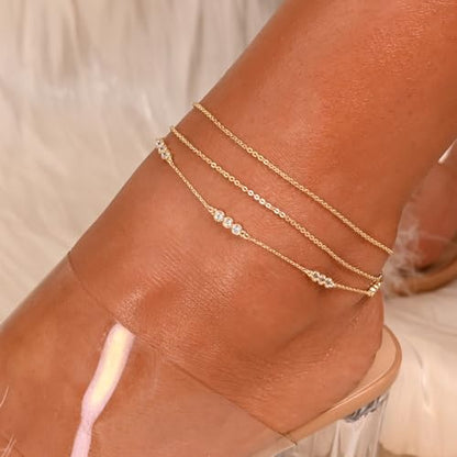Ankle Bracelets for Women 14K Gold Sterling Silver Plated Anklets for Women Waterproof Dainty Anklets with Cubic Zirconia,Clover, Forever Love Knot, Chains Trendy Everyday Anklet Beach Summer Jewelry Gift - color: CZ Chain-Gold