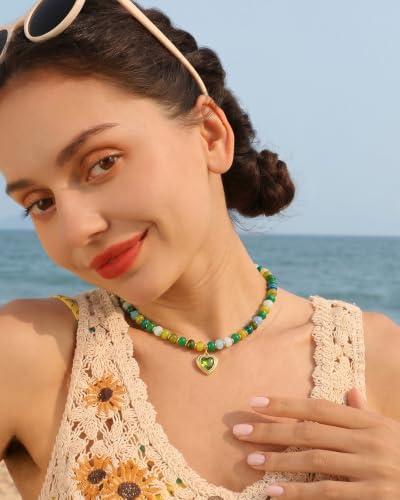 Boho Beaded Choker Necklaces for Women with A Gold Heart CZ - color: Green