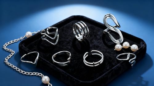 Loqimu 6 Pack Silver Midi Rings Stainless Steel Stackable Rings for Women Open Knuckle Rings Set Wide Irregular Finger Rings for Teen Girls Hug Geometric Fashion Rings Aesthetic Jewelry Gift - color: Silver 2