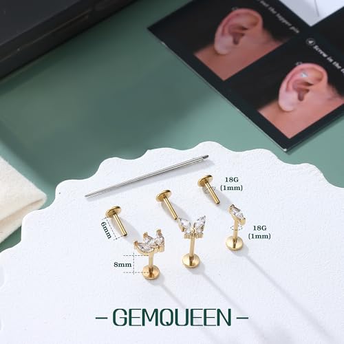 3 Pcs G23 Implant Grade Titanium Flat Back Earrings for Women Men | Hypoallergenic Internally Threaded 5A CZ Gold Flatback Stud, Tragus, Cartilage, Conch Piercing Jewelry for Sensitive Ears 18G - color: Gold 2
