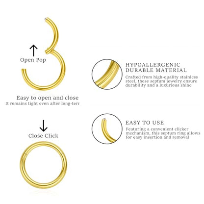 16G 6MM 7MM 8MM 9MM 10MM 12MM Hinged Clicker Septum Rings Pack Surgical Stainless Steel 16 Gauge Nose Ring Daith Rook Tragus Helix Cartilage Conch Hoop Earrings Piercing Jewelry for Women Men - color: Gold Tone
