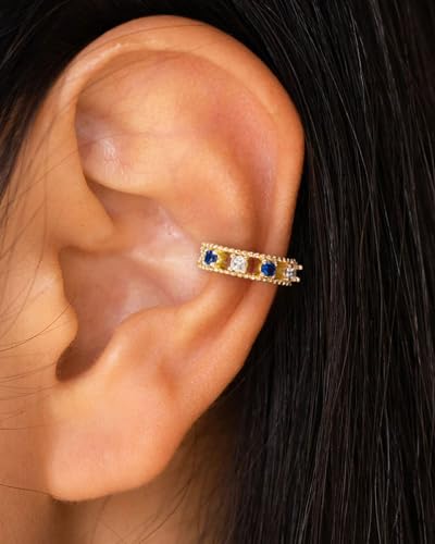 Ear Cuff for Women, 14K Gold/White Gold Plated Ear Cuffs Non Piercing Hypoallergenic Jewelry Gift - color: sapphire gold