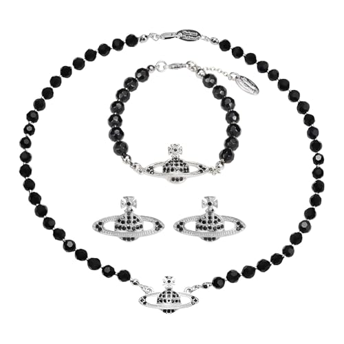 Dreuyet Saturn Pearl Necklace and Earrings Set Crystal Planet Earrings Dainty Artificial Pearl Choker Necklace Charm Gifts for Mum Wife Wedding Birthday Anniversary - color: Black with Bracelet