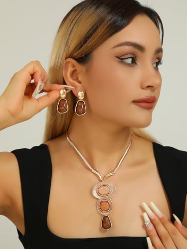 Chunky Statement Jewelry Set Blue Ocean Seashell Choker Necklaces Earrings Set for Women Pearl Bib Collar Necklaces for Party Prom Pageant Summer Fashion Jewelry Unique Birthday Gift - style: 3 stone Y Necklace Set gold brown