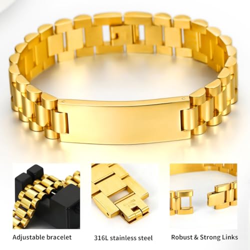 ChainsHouse Men Stainless Steel Bracelet Adjustable Custom ID Engraved Gift | Personalized Silver/Gold/Black for Birthday Father Husband Boyfriend with Gift Box Adjustable Tool 10mm/15mm/15.5mm 8.3"/8.7" - color: I.15mm Width-Gold-No Custom