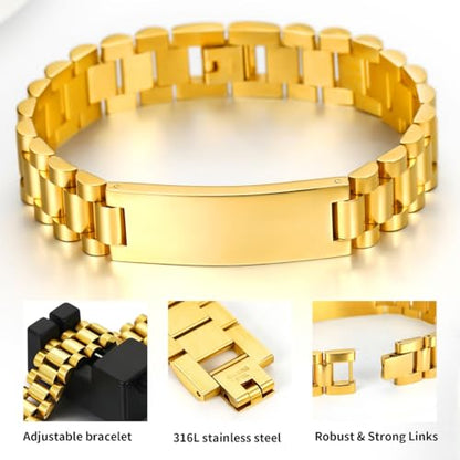 ChainsHouse Men Stainless Steel Bracelet Adjustable Custom ID Engraved Gift | Personalized Silver/Gold/Black for Birthday Father Husband Boyfriend with Gift Box Adjustable Tool 10mm/15mm/15.5mm 8.3"/8.7" - color: I.15mm Width-Gold-No Custom