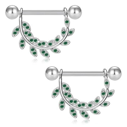 2pcs 14G Nipple Rings Flower Nipple Bars Surgial Steel 316L Nipple Piercing Jewelry Heart Nipple Barbell for Women - color: green leaf