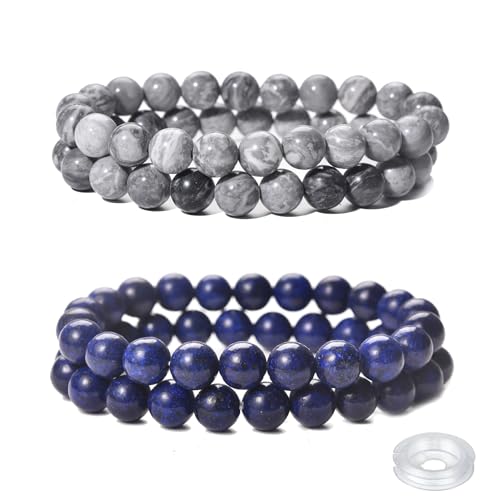Crystal Beaded Bracelets Set, 4 Piece Gemstone Stretch Bracelets, Rose Quartz, Agate,Jasper, Tiger Eye and Multicolor Glass Beads with String - style: Type 2(Map Stone+Lapis)