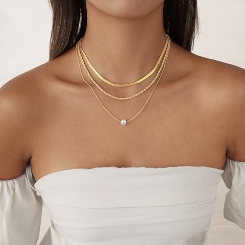 Layered Gold Necklace Set for Women Dainty Waterproof Cute Choker | 14K Gold Plated Minimalist Non Tarnish Lightweight CZ Pendant Pearl Twist Paperclip Chain Jewelry Gifts - style: 3PCS-Snake chain + Pearl-GD