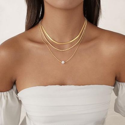 Layered Gold Necklace Set for Women Dainty Waterproof Cute Choker | 14K Gold Plated Minimalist Non Tarnish Lightweight CZ Pendant Pearl Twist Paperclip Chain Jewelry Gifts - style: 3PCS-Snake chain + Pearl-GD