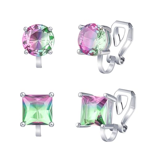 YOQUCOL 2 Pairs 8MM Cubic Zirconia Crystal Clip On Stud Earrings Non Pierced Stud Earrings For Women - color: Aurora-Pink Green