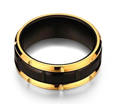 (8mm) Unisex or Men's Tungsten Carbide Wedding Ring Band. Black and Yellow Gold Brick Pattern Comfort Fit Grooved Ring. - size: 9