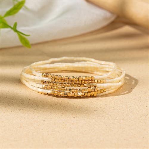 Boho Stackable Seed Beaded Bracelet Set for Women Colorful Multilayered Gold Beads Stretch Bracelets Summer Beach Bohemian Jewelry Gift - color: Beige