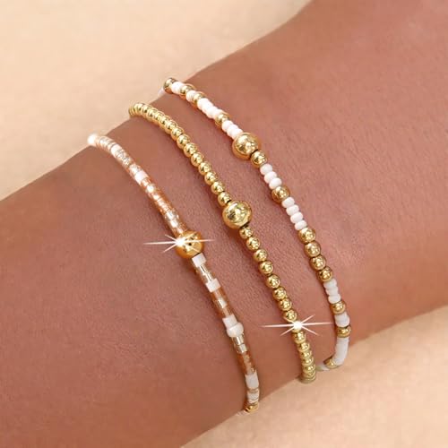 Gold Beaded Bracelet Stack for Women Colorful Small Seed Beads Bracelets Set Boho 14K Gold Plated Ball Stackable Stretch Non-Tarnish Dainty Jewelry Trendy Accessory Friendship Gift - color: pale pink and white