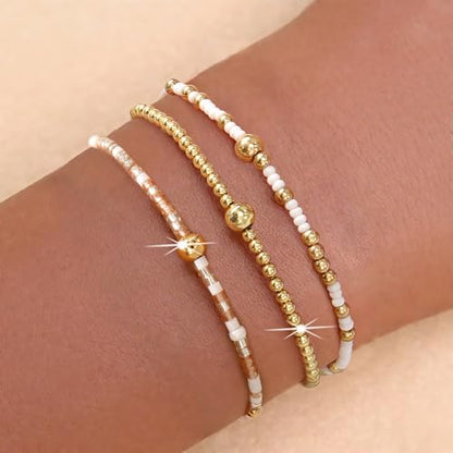 Gold Beaded Bracelet Stack for Women Colorful Small Seed Beads Bracelets Set Boho 14K Gold Plated Ball Stackable Stretch Non-Tarnish Dainty Jewelry Trendy Accessory Friendship Gift - color: pale pink and white