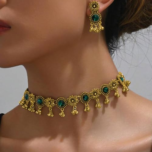 Frodete Indian Jewelry Sets for Women Traditional Bohemian Wedding Jewelry Set Indian Dresses for Women Oxidized Ethnic Party Prom Wear - color: A2:green indian necklace earring sets