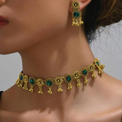 Frodete Indian Jewelry Sets for Women Traditional Bohemian Wedding Jewelry Set Indian Dresses for Women Oxidized Ethnic Party Prom Wear - color: A2:green indian necklace earring sets