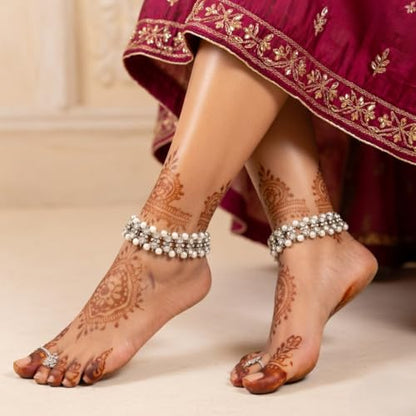 Efulgenz Indian Anklet Bracelet Bridal Crystal Faux Pearl Jhanjara Payal - color: White