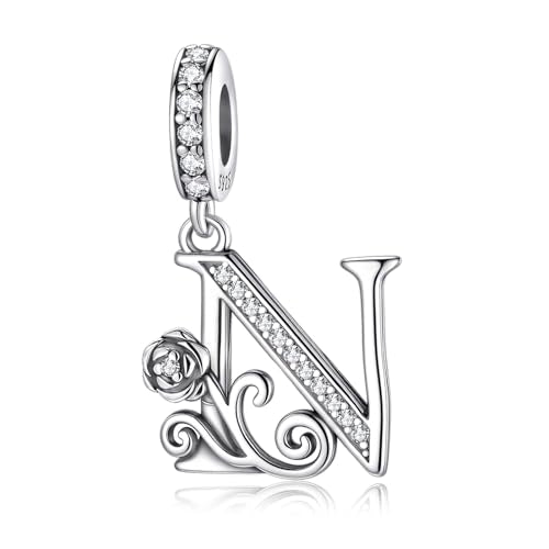 LNQOBU Complete A~Z Alphabet Charm Letter Beads, Solid 925 Sterling Silver with Cubic Stones Rose Alphabet Charm fits Pandora Bracelets Necklace Women Jewelry - color: CYT-N