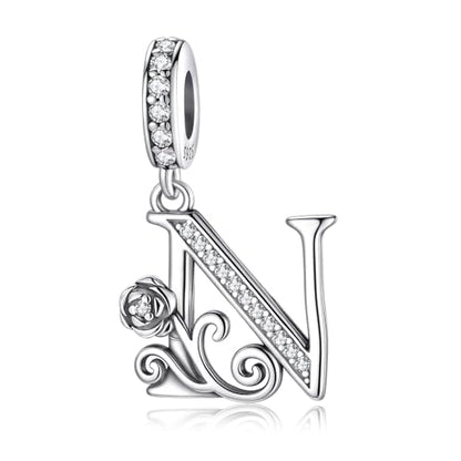 LNQOBU Complete A~Z Alphabet Charm Letter Beads, Solid 925 Sterling Silver with Cubic Stones Rose Alphabet Charm fits Pandora Bracelets Necklace Women Jewelry - color: CYT-N