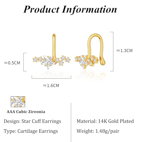 Star 14K Gold Plated Ear Cuff Earrings for Women Non Piercing, Dainty Silver Plated Clip on Cartilage Ear Cuff Non Pierced Trendy CZ Northstar Starburst Sparkling Climber Clawer Earring Jewelry - style: Northstar-Gold