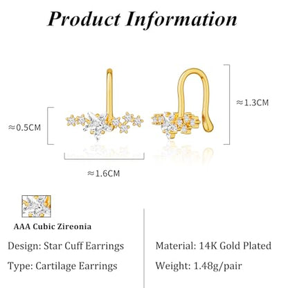 Star 14K Gold Plated Ear Cuff Earrings for Women Non Piercing, Dainty Silver Plated Clip on Cartilage Ear Cuff Non Pierced Trendy CZ Northstar Starburst Sparkling Climber Clawer Earring Jewelry - style: Northstar-Gold