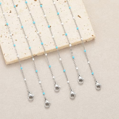 6 PCS Enamel Beaded Chains Bracelet Stainless Steel Link Bracelets | 6.7"+1.18", With Extender Chain, Fashion Jewelry Set, Gift For Women, Colorful, No Fade - color: Light Blue White Silver