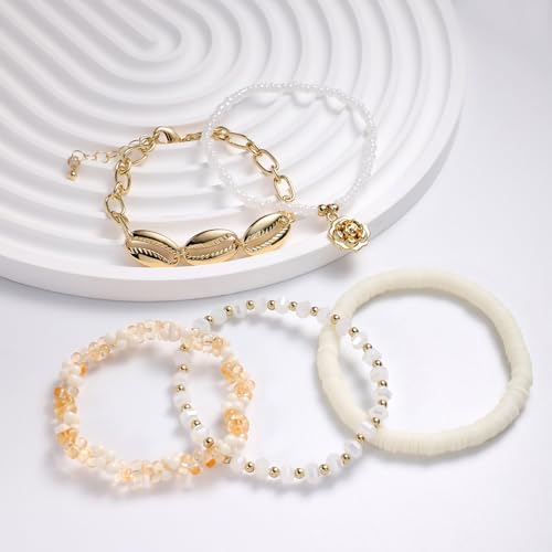 LALAPPLE Shell Bracelet Boho Beaded Stretch Bracelets for Women Seashell Strand Bracelets Starfish Charm Jewelry Summer Beach Jewelry Stackable Crystal Gold Plated Beads Bracelet for Women - style: T-Style9 petal