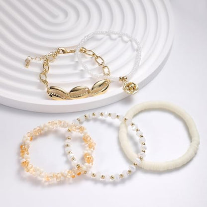 LALAPPLE Shell Bracelet Boho Beaded Stretch Bracelets for Women Seashell Strand Bracelets Starfish Charm Jewelry Summer Beach Jewelry Stackable Crystal Gold Plated Beads Bracelet for Women - style: T-Style9 petal