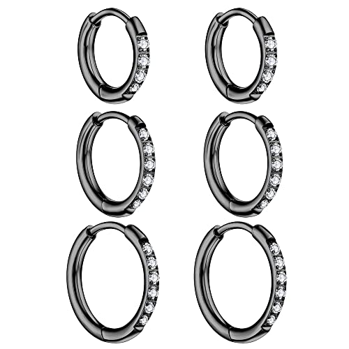 3 Pairs Huggie Hoop Earrings,Cartilage Hoop Earring Cubic Zirconia Cuff Surgical Stainless Steel Earrings - color: Black