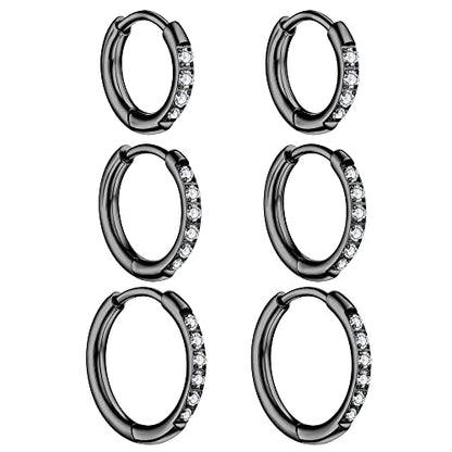 3 Pairs Huggie Hoop Earrings,Cartilage Hoop Earring Cubic Zirconia Cuff Surgical Stainless Steel Earrings - color: Black