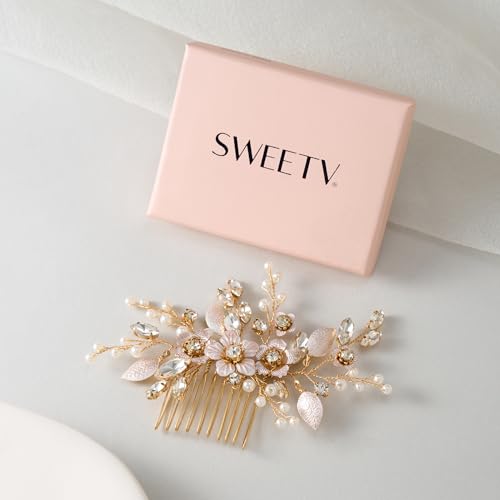 SWEETV Hair Comb, Handmade Rose Gold Bridal Hair Accessory for Weddings and Brides - 4.72 * 2.75 Inch, 2.Rose Gold | Handmade Gold Hair Piece Wedding Hair Accessories, Bridal Hair Comb Bridal Hair Pieces Wedding Hair Clip 4.72 * 2.75 Inch - color: 2.Rose