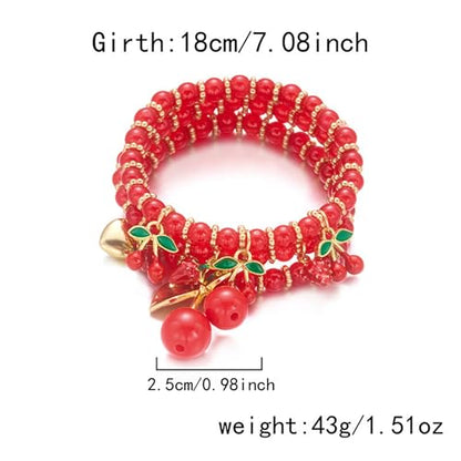Red Cherry Beaded Bracelets Set for Women Stackable Layered Charm Bracelets Red Beaded Stretch Bracelet Cute Boho Statement Jewelry for Birthday Party Vacation Gift - color: 3PCS Set - Strawberry Cherry