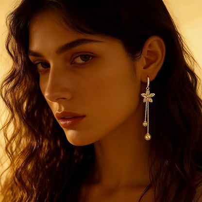 14K Gold Plated CZ Flower Dangle Earrings for Women, Sparkly Cubic Zirconia Long Tassel Drop Earrings, Bridal Wedding Jewelry - color: B:Flower Pearl Earrings