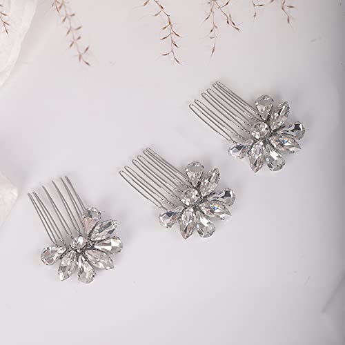 Teyglen Simple Rhinestones Crystal Bride Wedding Hair Comb Set Handmade Red Blue Black Crystal Side Hair Combs Bridal Hair Jewelry Set for Women Bride Girls (Silver) - color: Silver