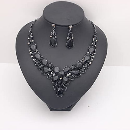 Women's Wedding Bridal Austrian Crystal Glass Teardrop Statement Necklace Dangle Earrings Bracelet Ring Wedding Party Jewelry Set for Bridal Bridesmaid - color: All Black-Jet