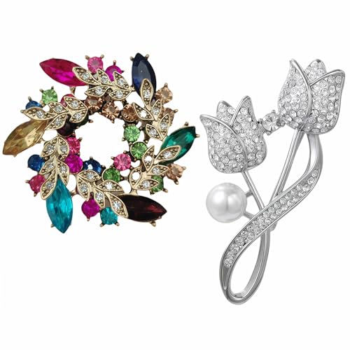 2pcs Rhinestone Brooch Pin for Women Dress Elegant Stylish Crystal Brooches Fashion Accessories Pins Lapel Boutonniere Ideas Wedding Christmas Birthday Jewelry Easter Gift - color: 11 Red Colorful/Silver