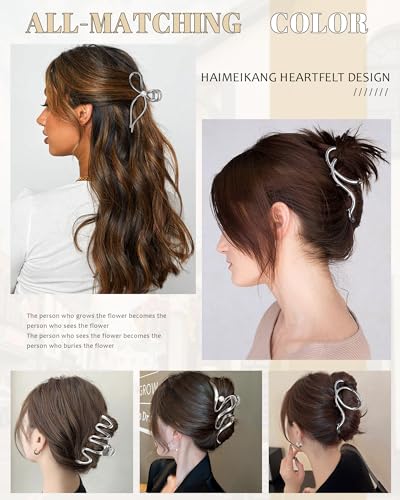 HAIMEIKANG 4 PCs Metal Hair Claw Clips - Irregular Large Clips for Women, Non-Slip Styling Accessories for Thick and Thin Hair (Silver) | Durable Metal Hair Clips for Thick or Thin Hair. Non-slip Silver Bow Claw Clips for Daily Wear, Party & Styling