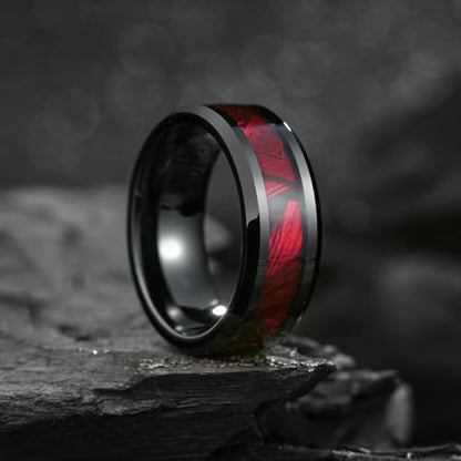 King Will Tungsten Wedding Band Wood Inlay for Men Black Beveled Edge | Black, 8mm, Beveled Edge, Comfort Fit, Wood inlay, Promise Gift - color: Black-Red